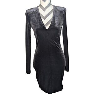 Mango MNG Black Velvet Sequin Glitter Mini Dress S Long Sleeve V-Neck Party